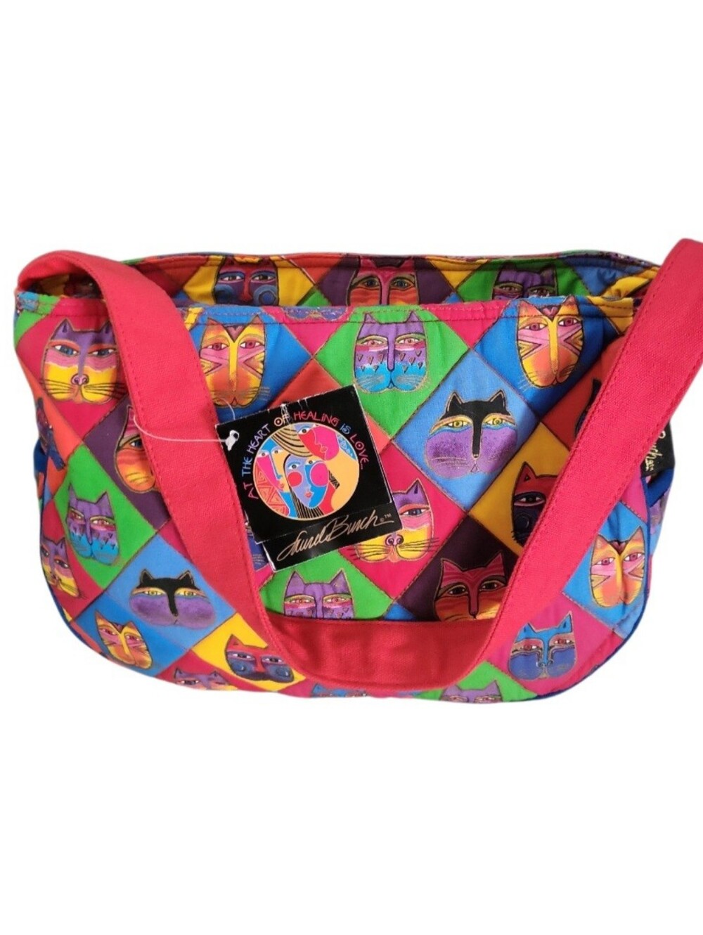 Vintage Laurel Burch Whimsy Feline Cat Face Quilted Top Handle Purse NWT